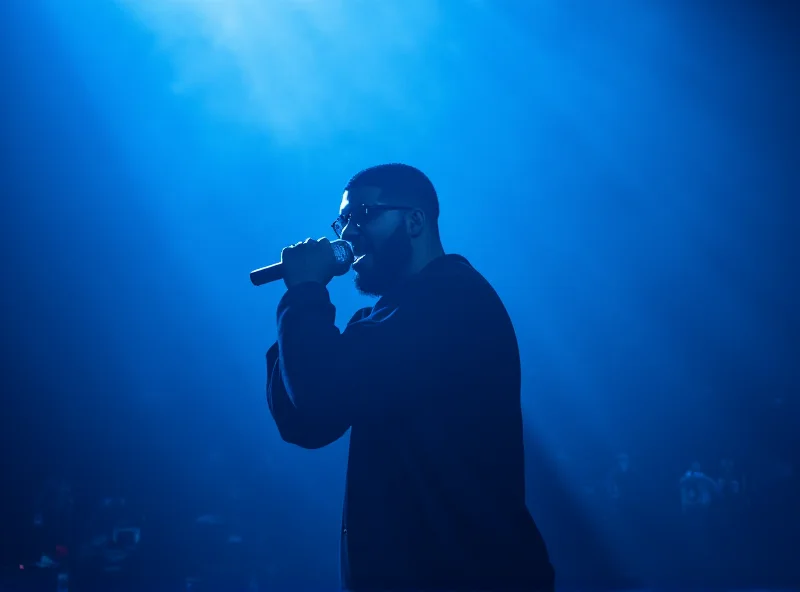 Drake performing on stage with a microphone, bathed in blue light.