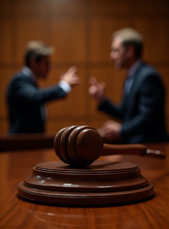 A courtroom scene with a gavel on a desk and lawyers arguing in the background.