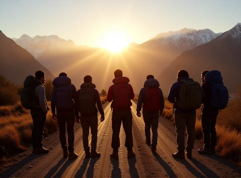 A group of contestants looking exhausted but determined, standing on a dusty road in Nepal, with mountains in the background.