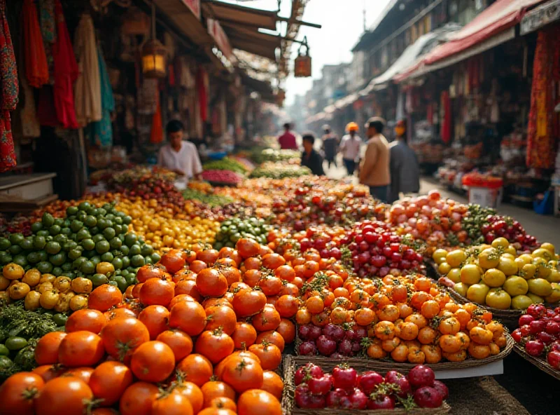 A panoramic shot of a bustling market in Thailand, filled with colorful fabrics, exotic fruits, and vendors selling their wares. The scene is vibrant and chaotic.