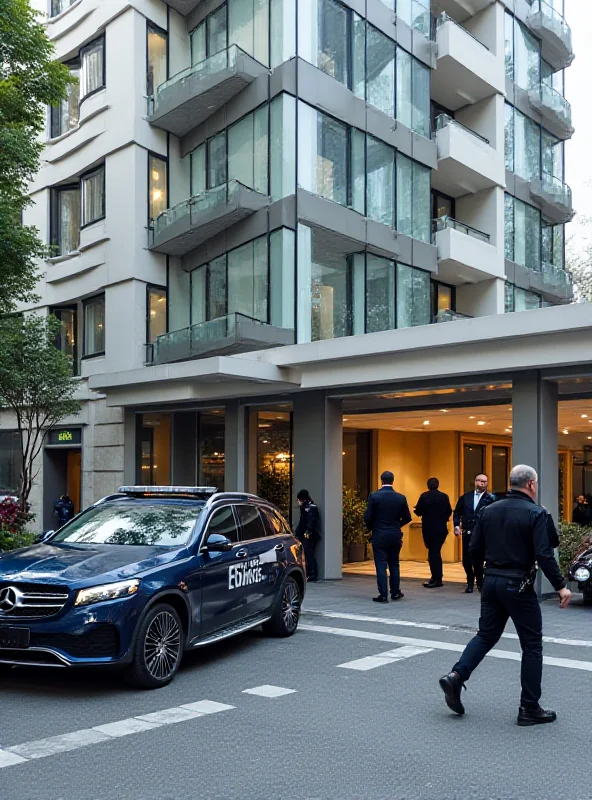 Exterior of a luxury aparthotel in Madrid with police vehicles parked outside.