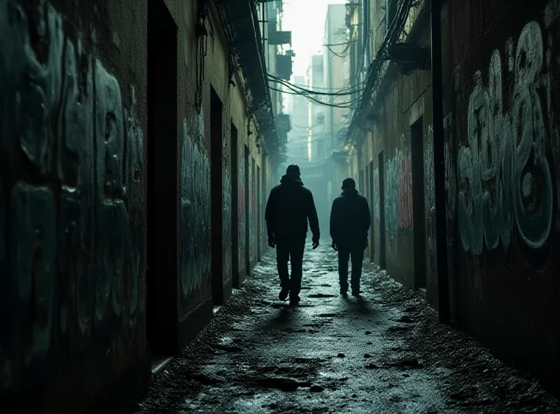 A tense street scene in Nice, France, with graffiti on the walls and shadowy figures in the background.