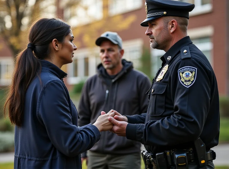 Concerned school staff talking to a police officer outside a school building.