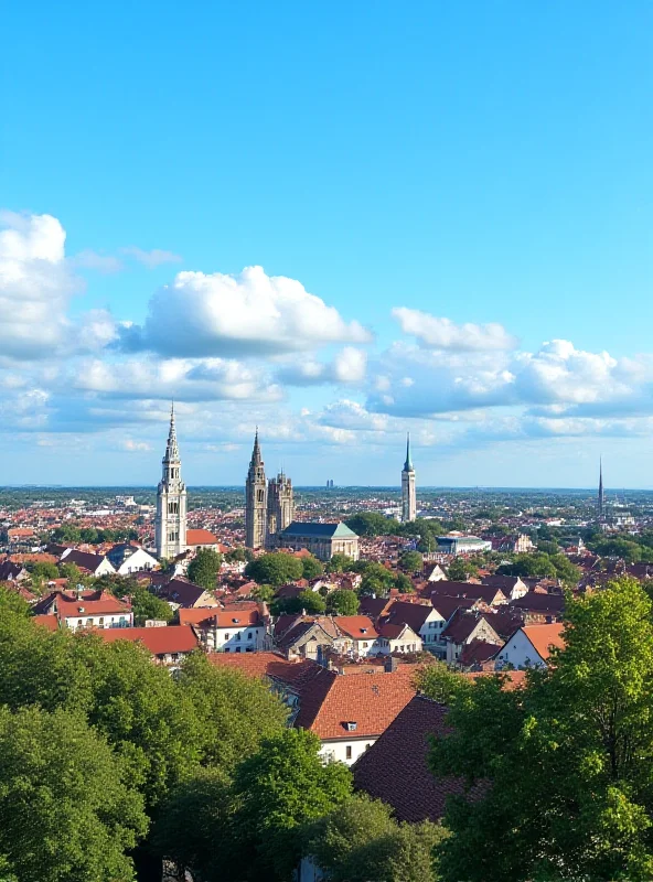 A sunny cityscape of Poznan, Poland, with blue skies and fluffy clouds.