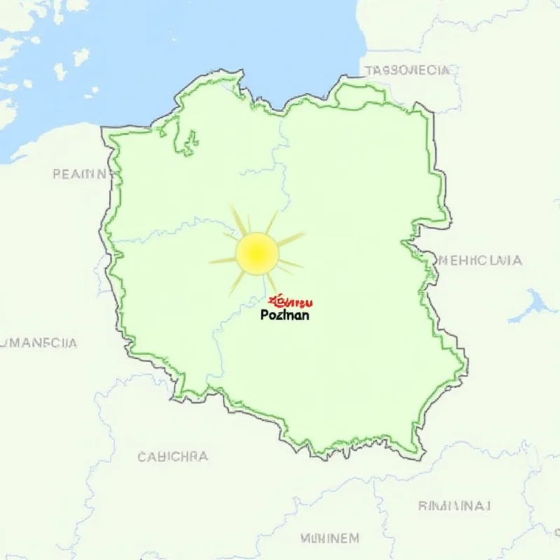 A weather map of Poland showing Poznan with a sun icon indicating sunny weather.