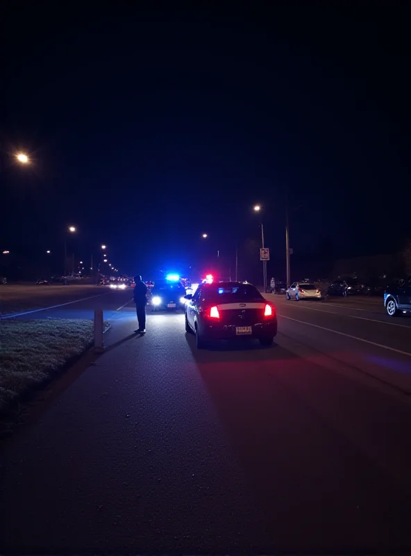 Traffic stop at night with police car lights flashing.