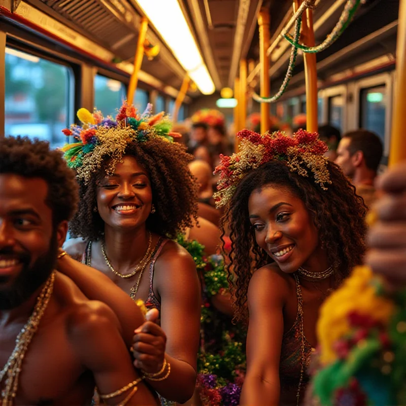 A group of people celebrating Carnival responsibly, using public transport.