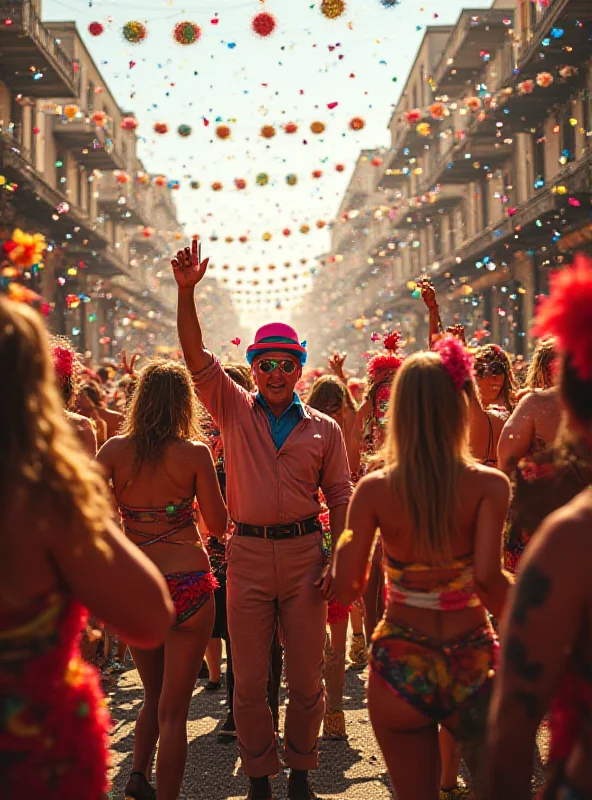 Carnival street party with people celebrating and drinking.