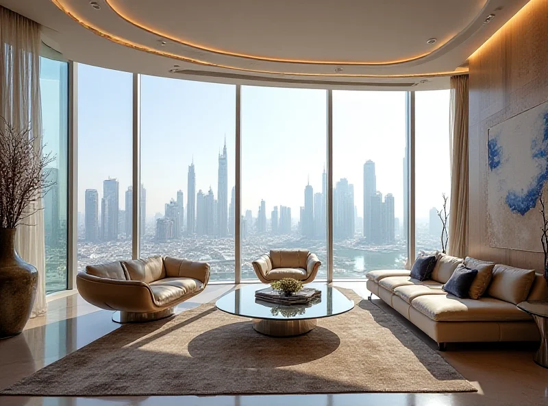 A luxurious penthouse interior with floor-to-ceiling windows overlooking a futuristic Dubai skyline, designed with AI.