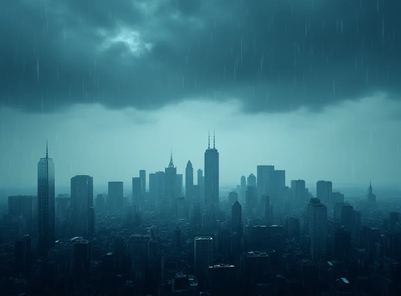 A dramatic image of a cityscape with a dark cloud looming over it, symbolizing investment fraud and financial risk.