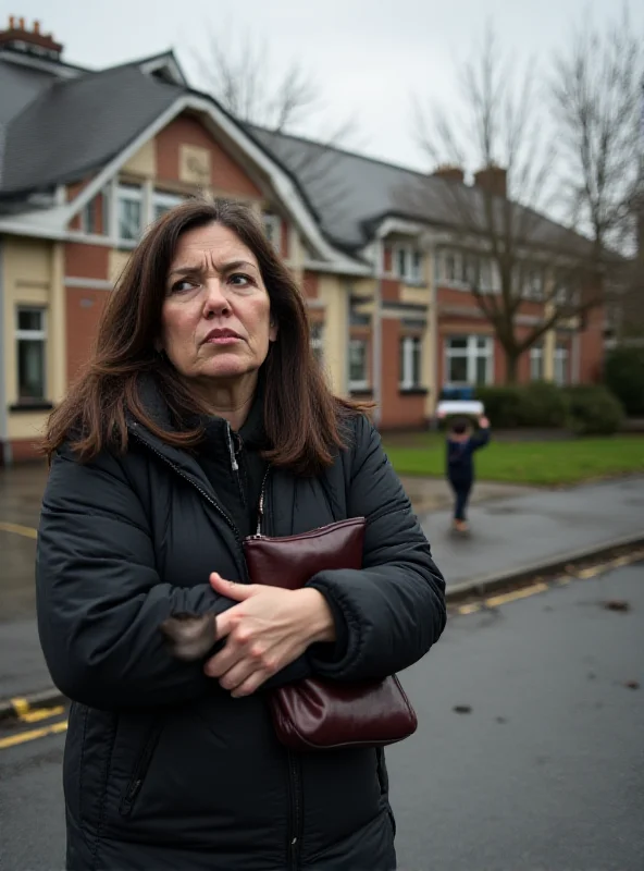 A concerned parent stands outside a primary school in Dublin, looking worried. The school building is visible in the background, with children playing in the distance.