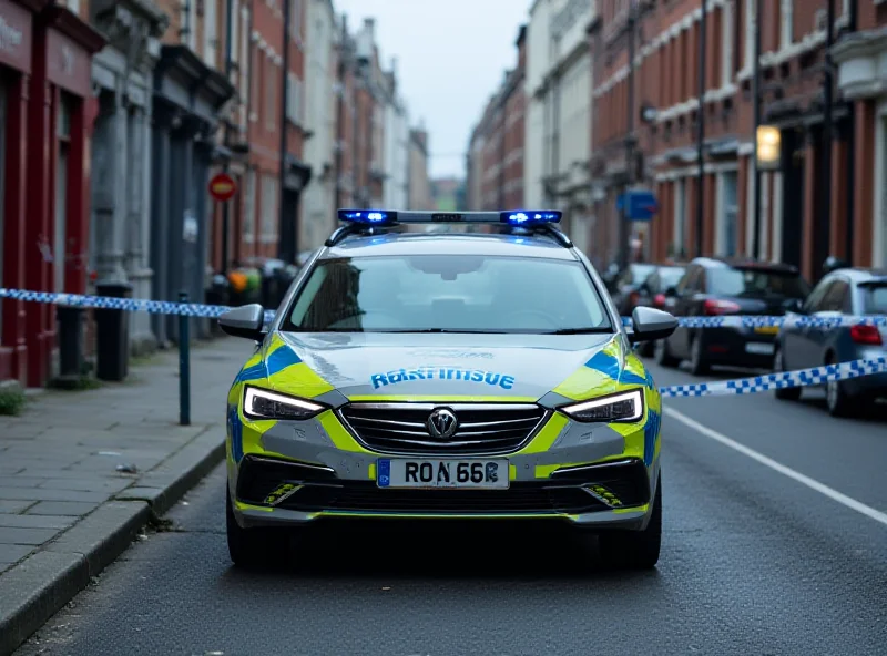 A Garda Síochána (Irish police) car parked on a Dublin street. Police tape is visible in the background, cordoning off an area. The scene suggests an ongoing investigation.