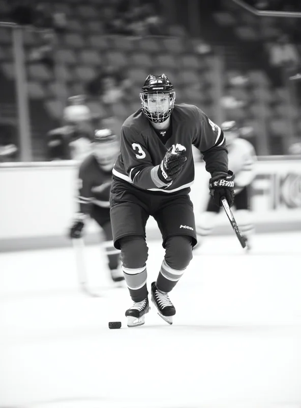 A hockey player skating aggressively on the ice.