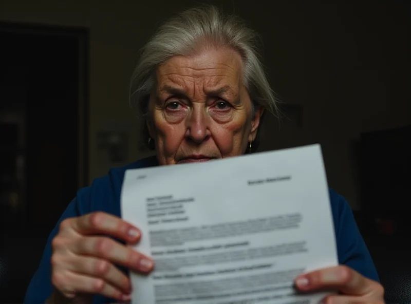 An elderly woman looking concerned while holding a letter, possibly related to her pension, with a worried expression on her face.