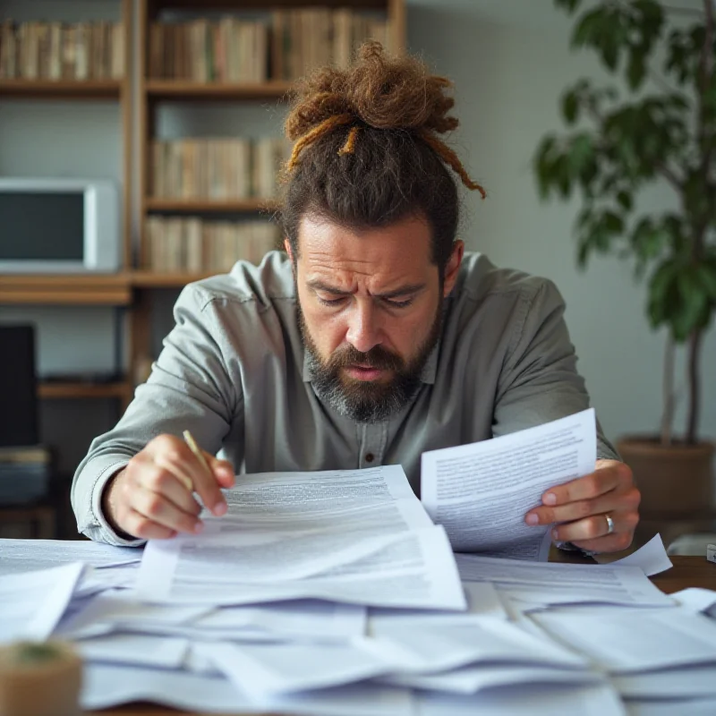 A person looking stressed and overwhelmed while sorting through a large pile of official documents, including letters and forms, related to government benefits. Their desk is cluttered, and they appear to be struggling to understand the paperwork.