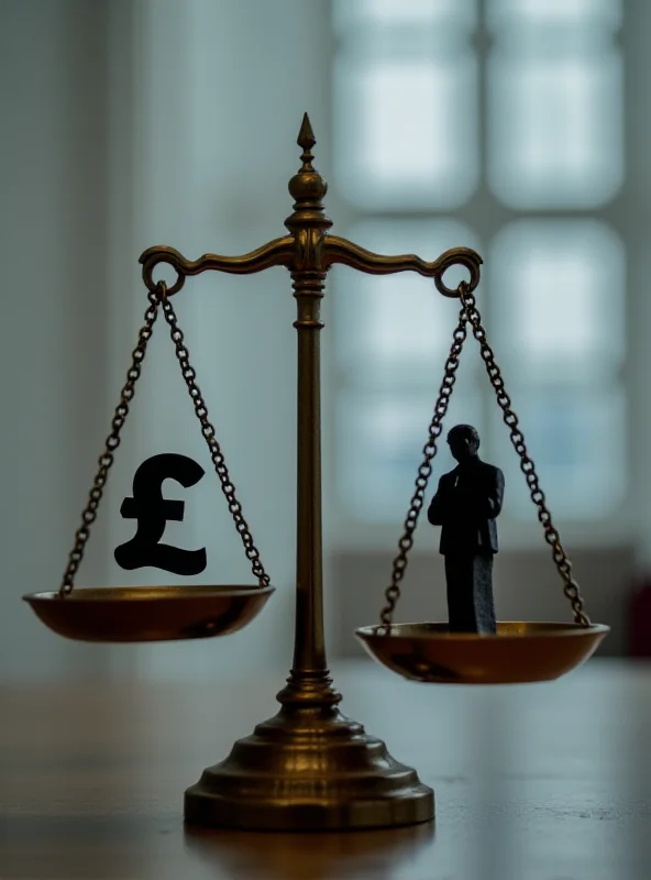 Scales of justice with a pound symbol on one side and a silhouette of a person on the other, representing a legal battle for compensation.