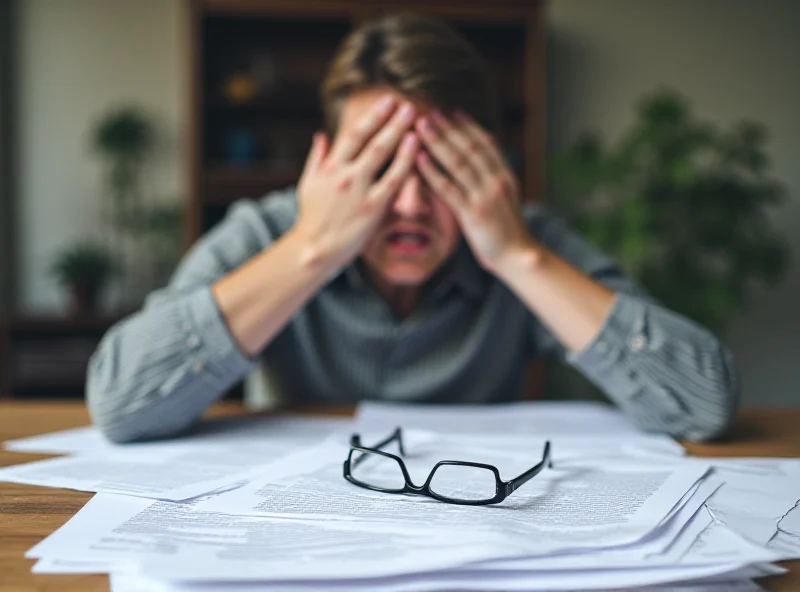 Person looking concerned while reviewing documents on a table.