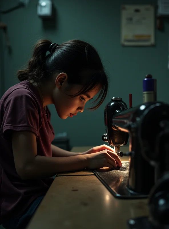 A garment worker, possibly a child, working in a dimly lit factory.