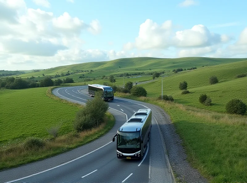 A modern coach bus driving down a highway in the UK.