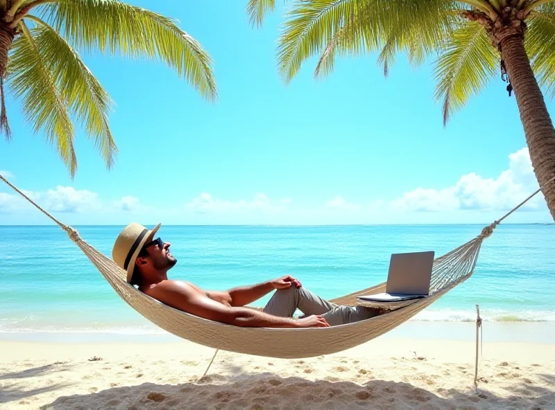 A person relaxing in a hammock on a tropical beach with a laptop nearby.