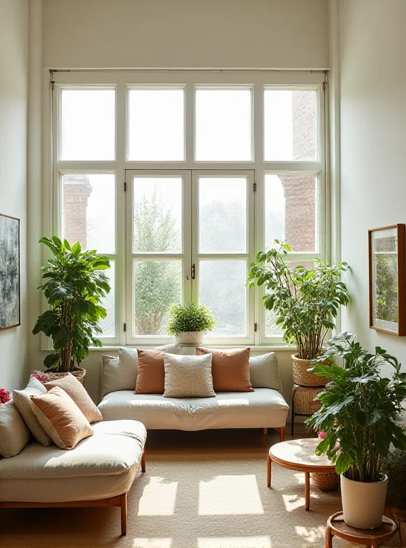 A cozy, minimalist living room with large windows and plants.