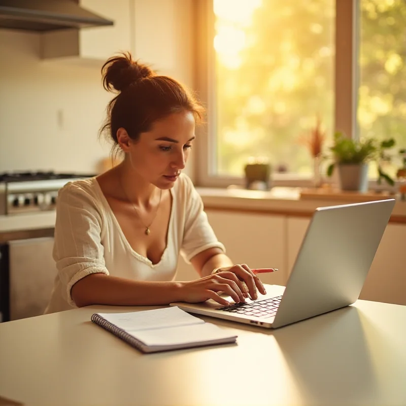 A person using a laptop at a kitchen table, with a notebook and pen nearby, bathed in warm morning light.