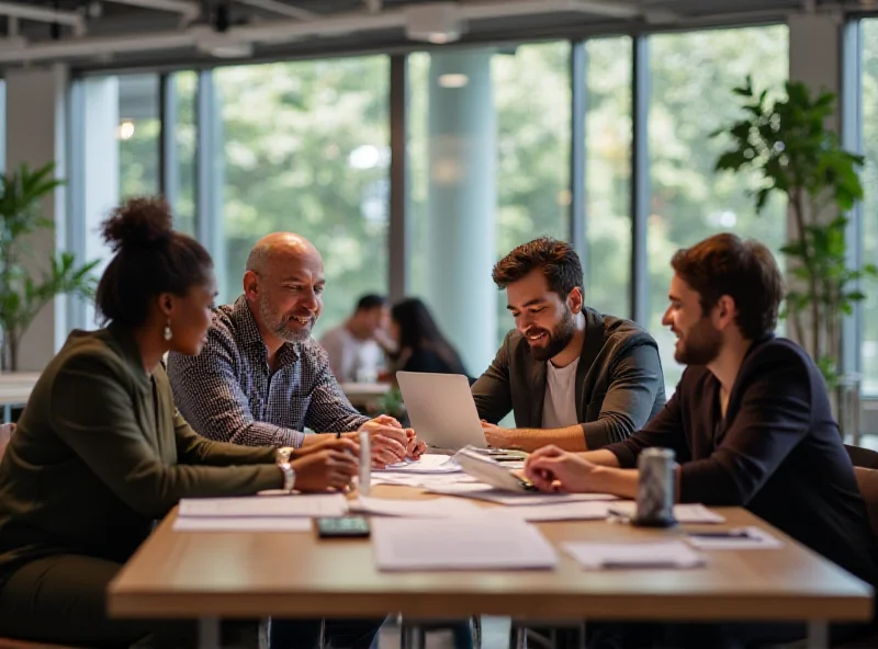 A diverse group of people working together in a modern co-working space, smiling and collaborating.