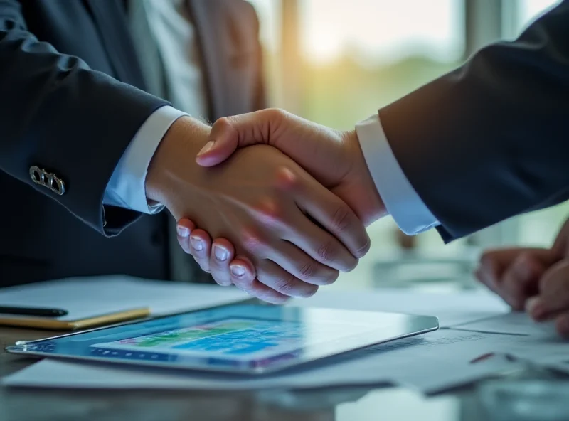 Two people shaking hands over a table with financial charts on a tablet.