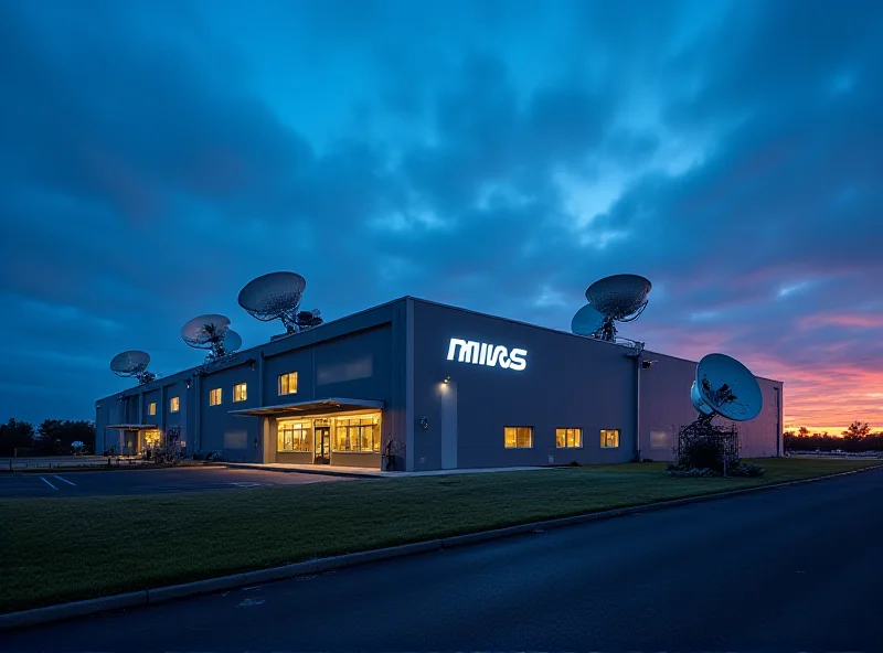 Exterior shot of MDA Space facility at dusk, with satellite dishes visible.