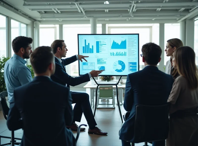 A diverse group of business professionals in a modern office setting, analyzing charts and graphs on a large screen.