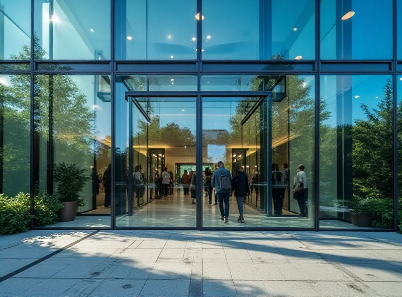 A modern office building with a glass facade, reflecting the sky. People are walking in and out.