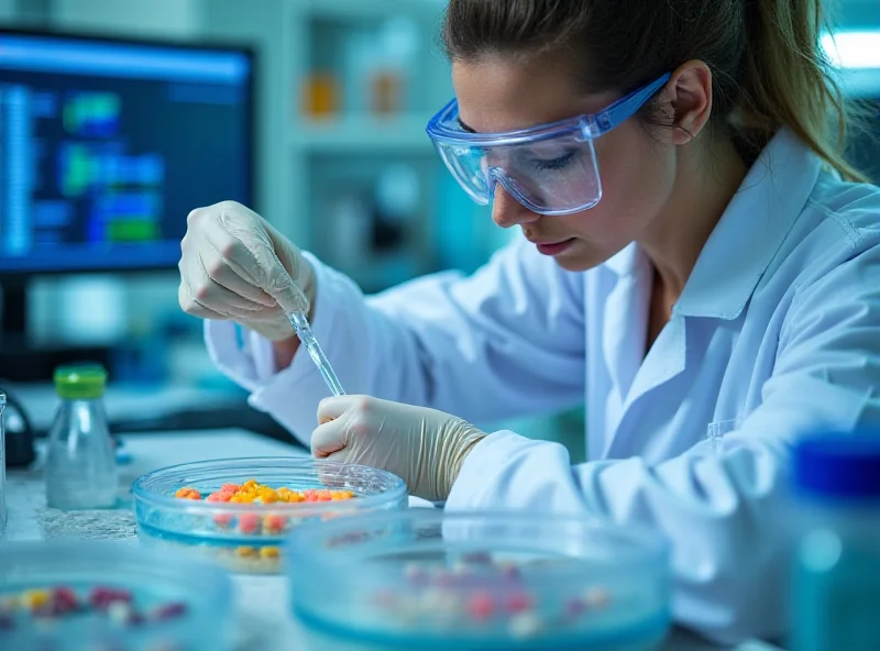 A scientist in a lab coat examining a petri dish with colorful cultures, using a pipette.