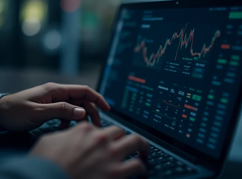 A close-up of a person analyzing financial data on a computer screen, with charts and graphs visible.