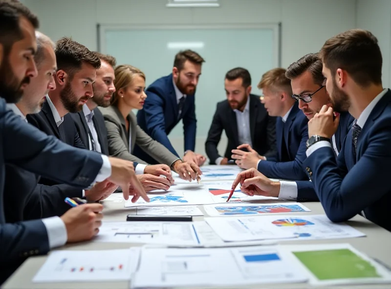 A diverse group of business people collaborating around a table, reviewing financial documents.