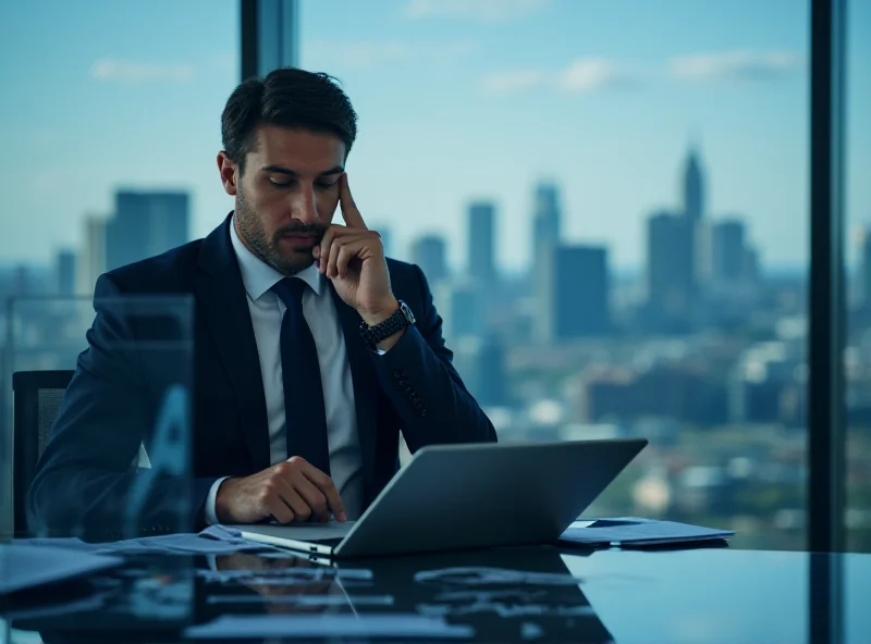 A professional investor listening intently to an earnings call on a laptop, surrounded by financial charts and graphs.