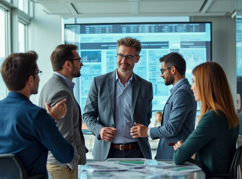 A diverse group of investors analyzing financial data together in a modern office setting.