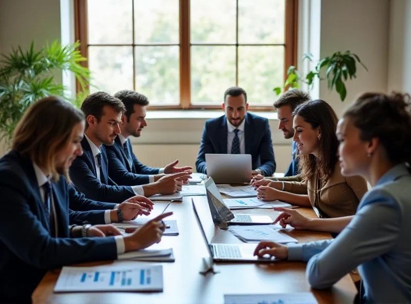 Business people discussing financial data during a meeting.