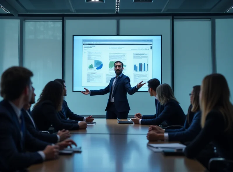 A professional man in a suit giving a presentation in a corporate boardroom.