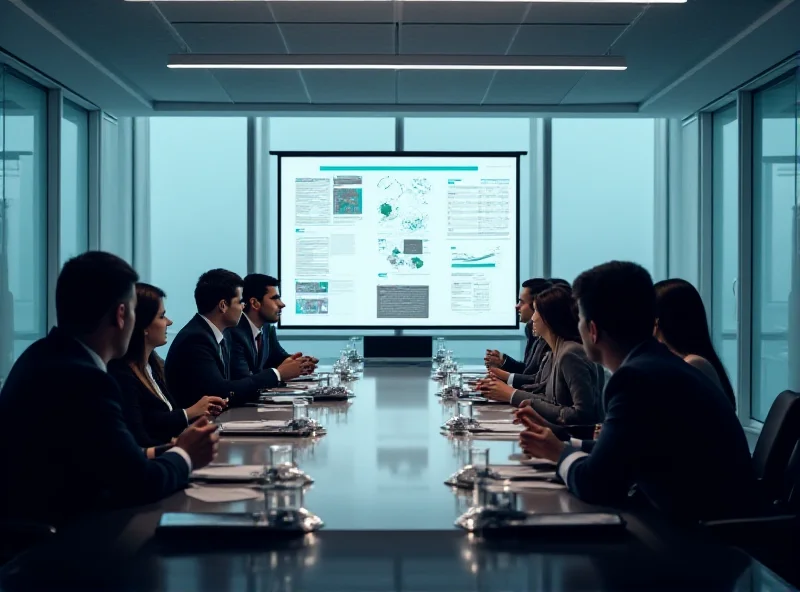 People in a boardroom during an earnings call, with charts and graphs visible on a screen.