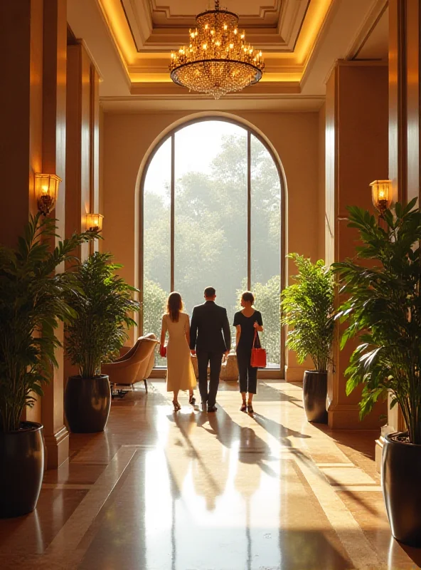 Luxury hotel lobby with guests checking in, representing the hotel industry