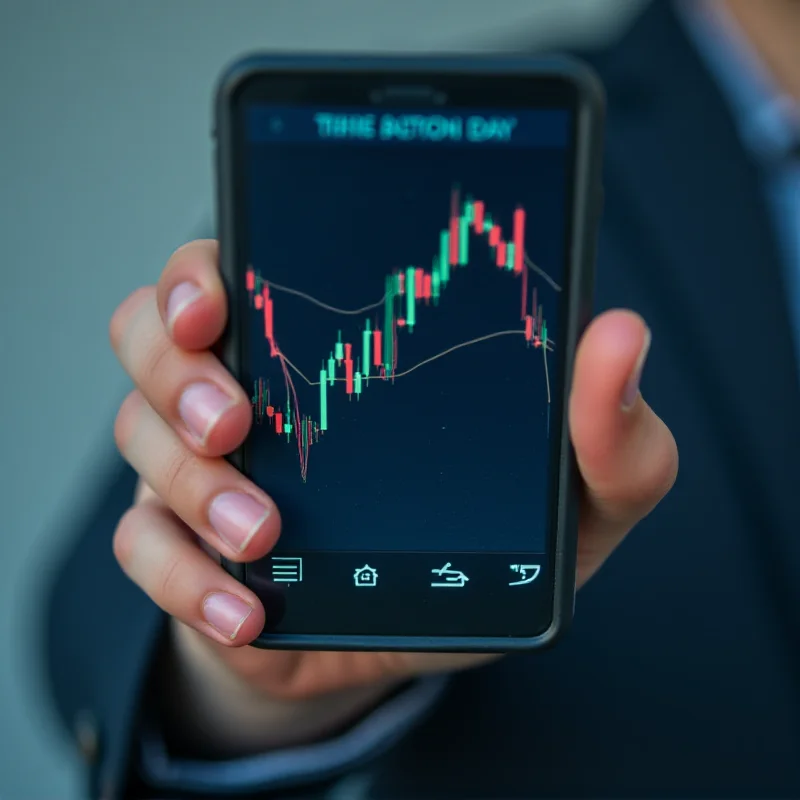 A close-up of a person's hand holding a smartphone, displaying a stock market chart.