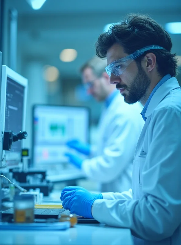 Medical professional in lab coat analyzing data on a computer screen