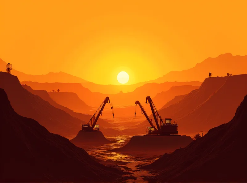 Illustration of a gold mine at sunset with mining equipment visible.