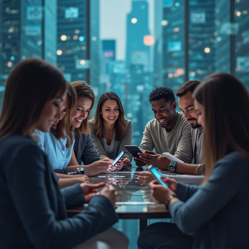 A diverse group of people using various electronic devices, representing the global reach of social media.