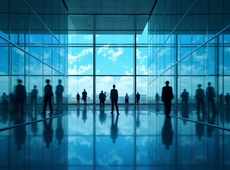 A modern office building with financial charts displayed on large screens inside.