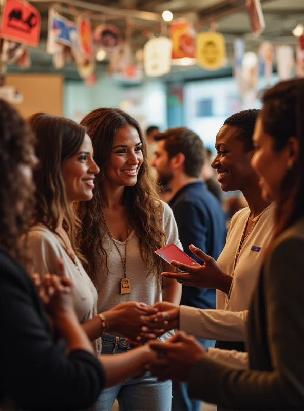 A group of entrepreneurs networking at a local community event, shaking hands and exchanging business cards.