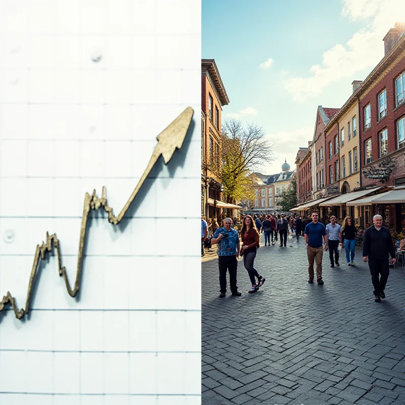 A split image showing a graph of stock prices on one side and a bustling town square on the other, representing corporate finance and community engagement.