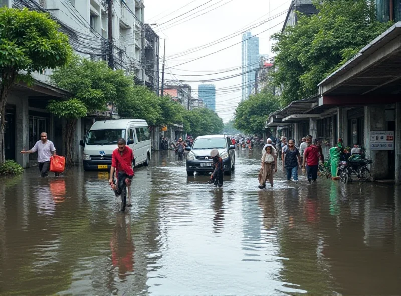 Flooded streets in Jakarta with people wading through the water.