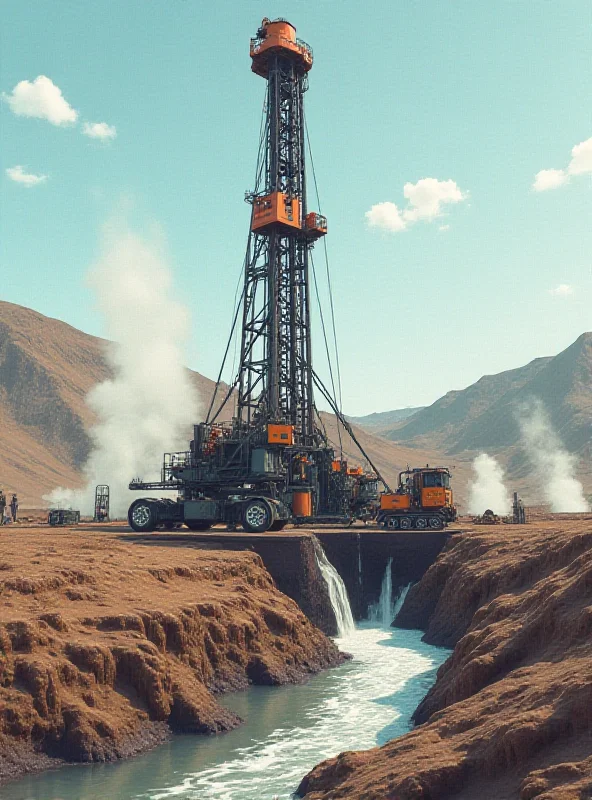 Conceptual image of a deep drilling operation with steam rising from the ground