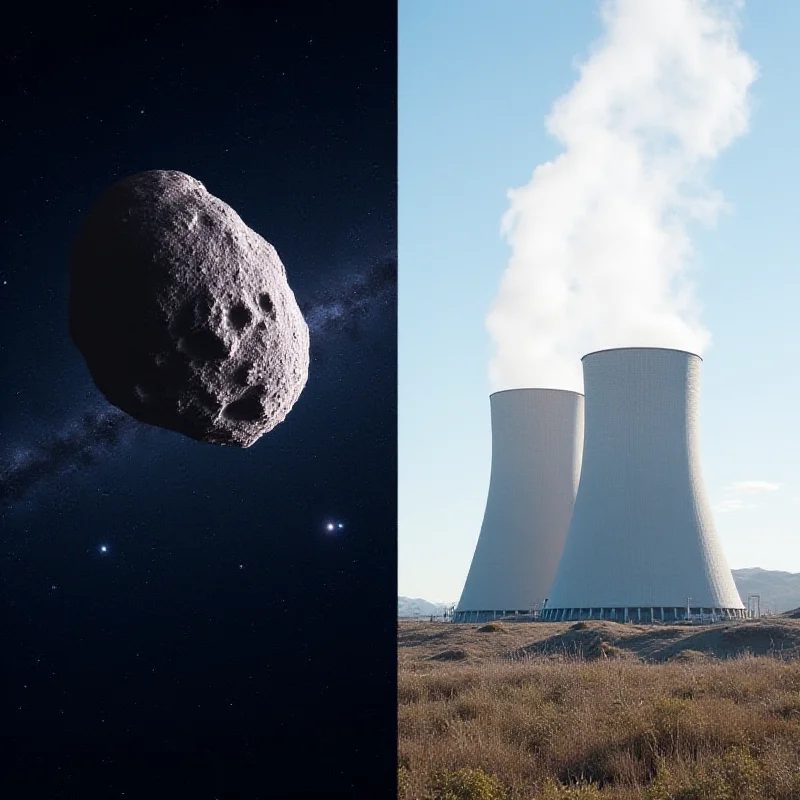 A split image showing an asteroid in space on one side and a geothermal power plant on the other side.